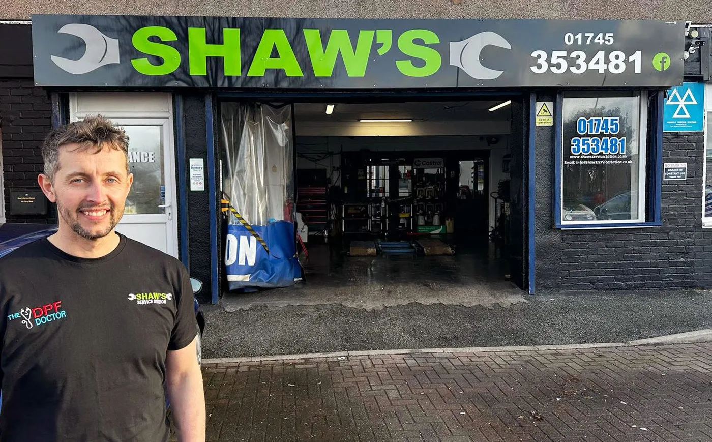 Shaw's Service Station on Foryd Road, Kinmel Bay — the workshop with its doors open